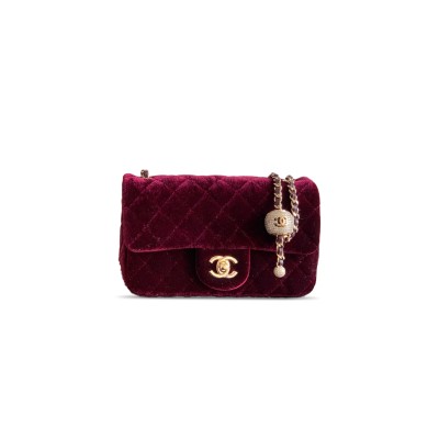 CHANEL MINI FLAP BAG VELVET, DIAMANT & GOLD-TONE METAL BURGUNDY AS1787 (20*13*7cm)
